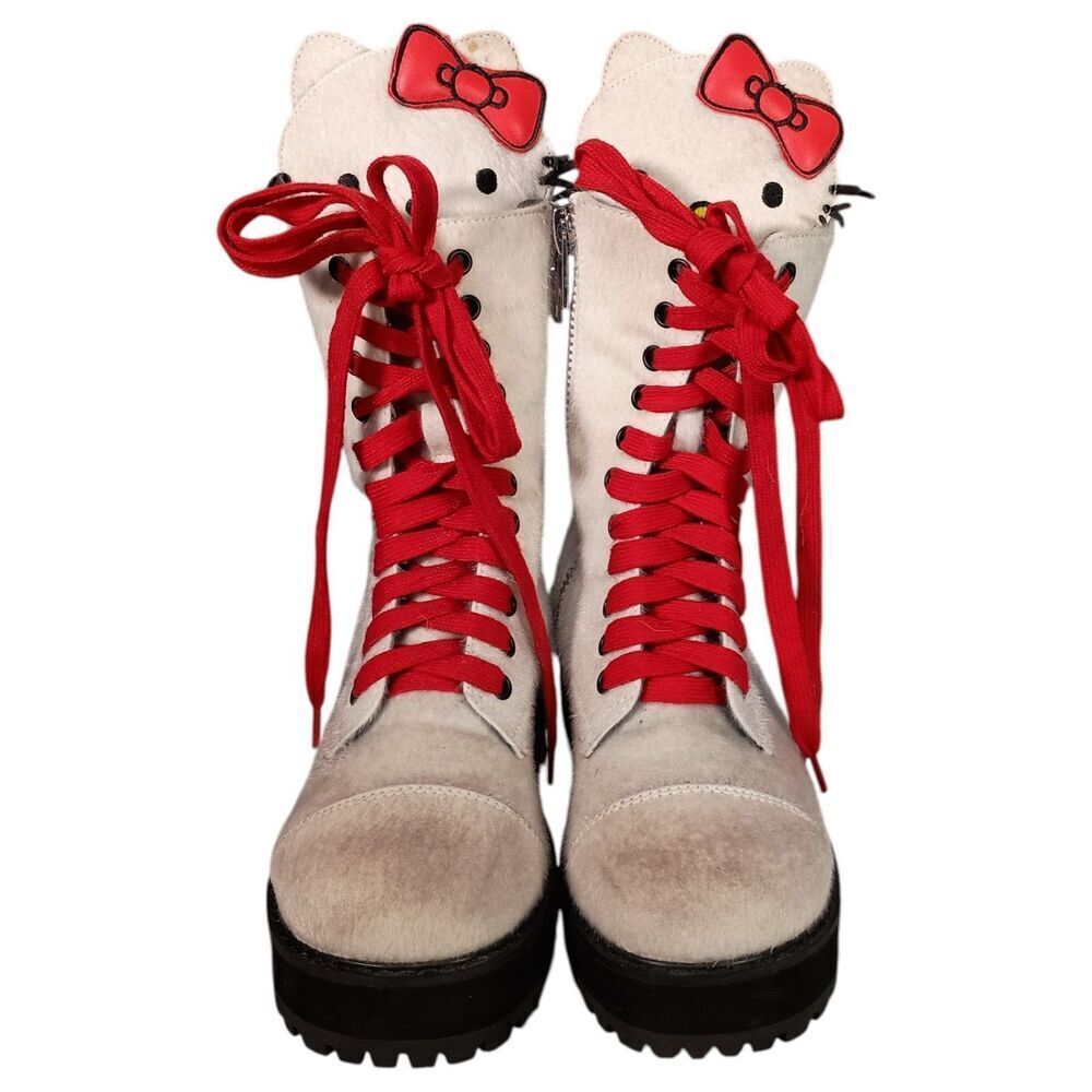 Dolls Kill Boots 6 Womens White Hello Kitty Synthetic Combat Round Toe Low Solid